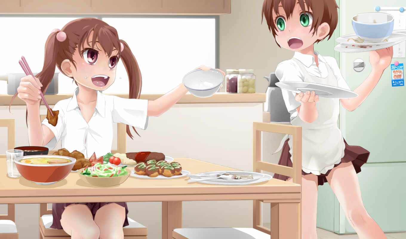 picture, green, anime, hair, eyes, food, trap, skirt, brown, beautiful, short, apron, twins