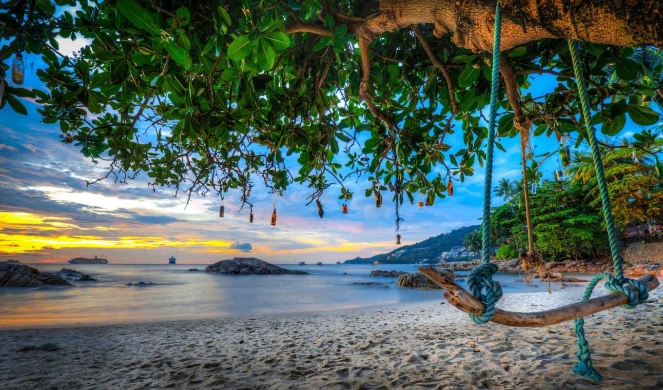 tree, beach, sea, screen, fond, mer, swing, phuket, Thailand, thai, andaman