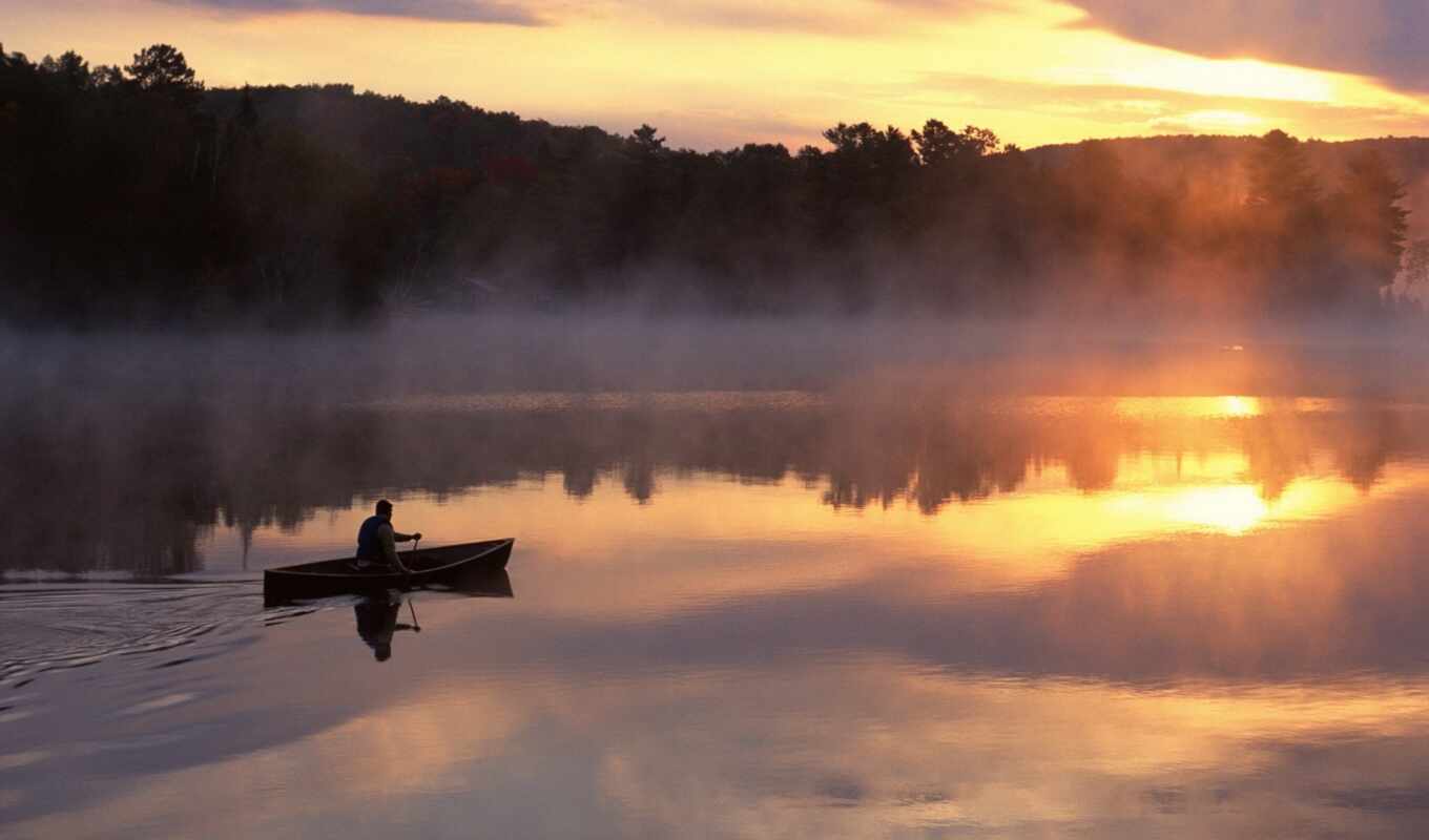 lake, man, morning, fog, a boat, mountains