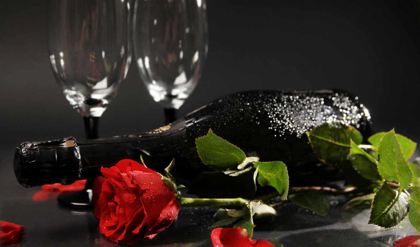 цветы, роза, вино, розы, бутылка, шампанское, лепестки, бокалы