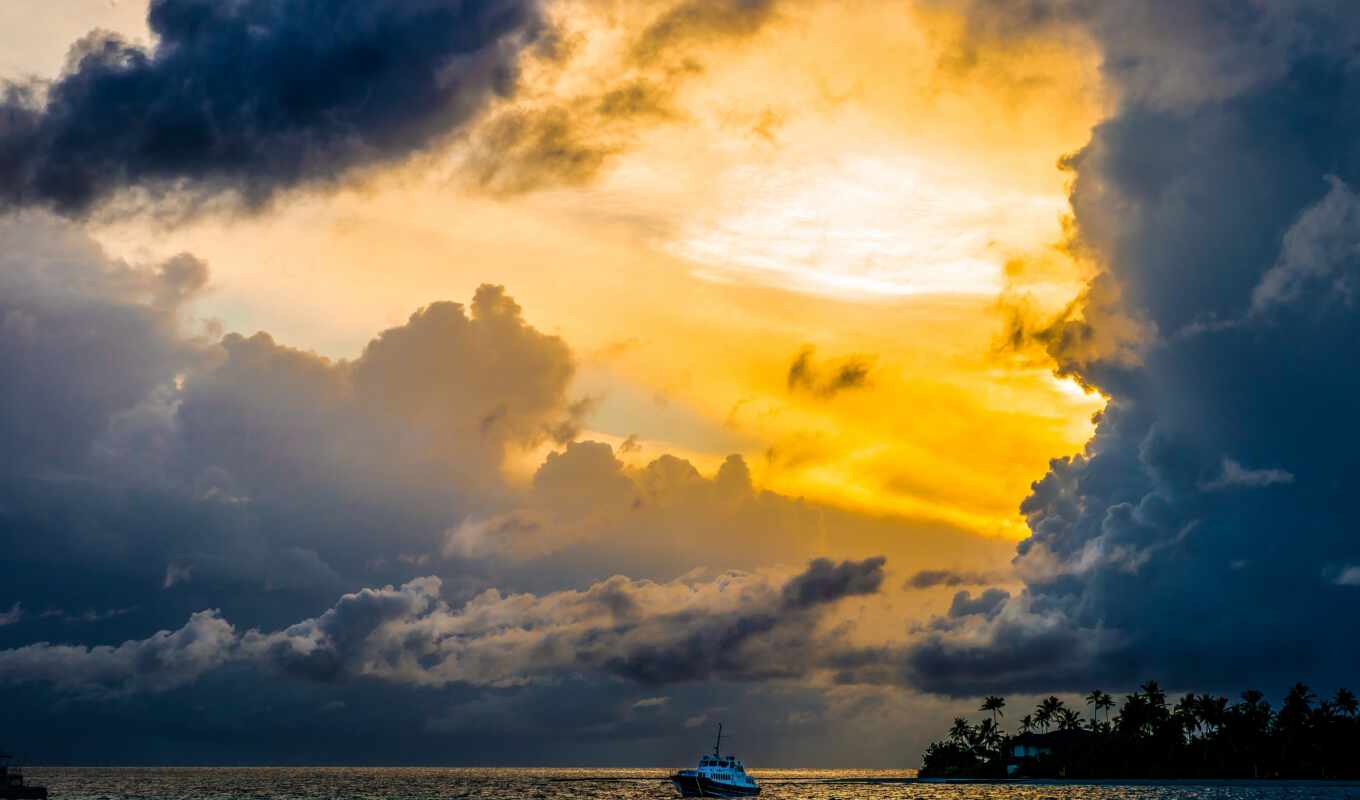 небо, desktop, закат, вечер, море, берег, maldives, clouds