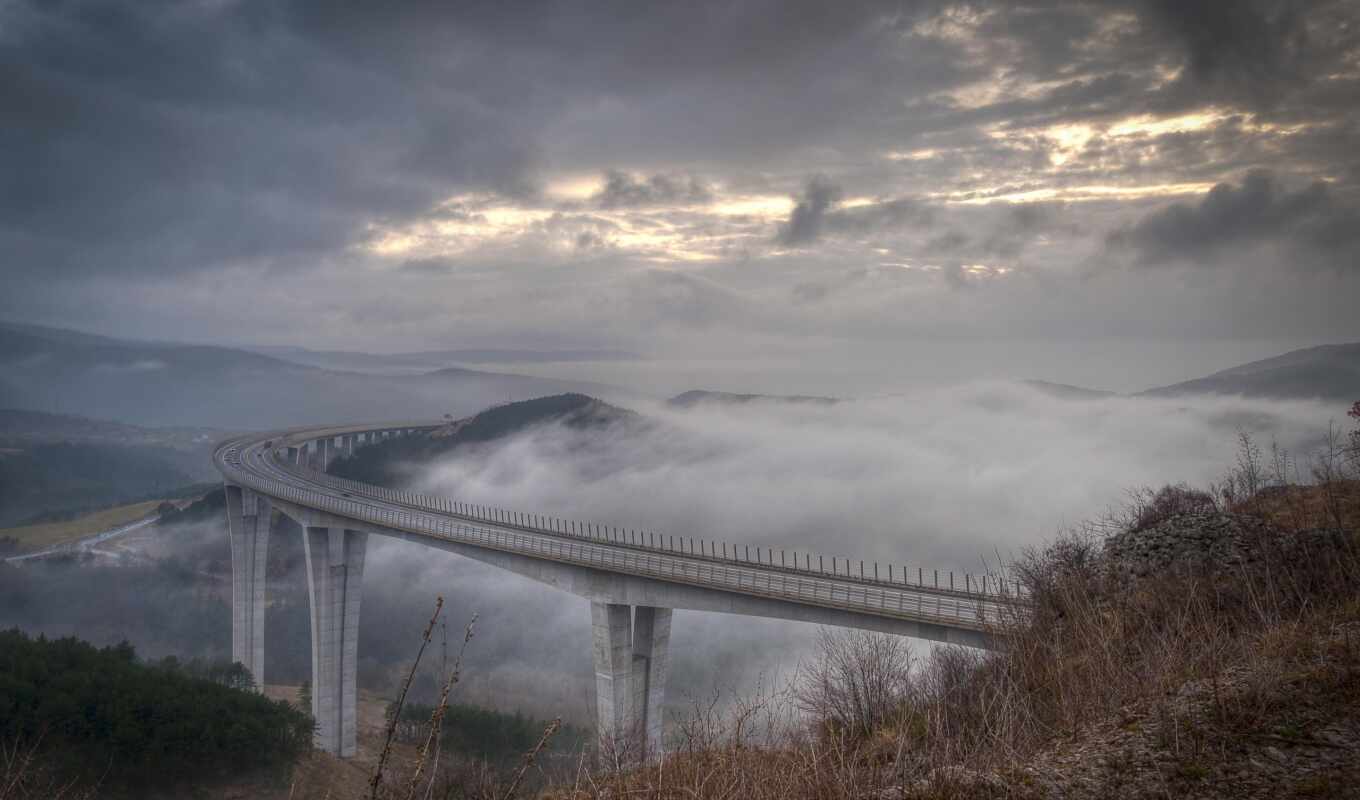 high, fone, неба, мост, туман, ущелье, clouds, scenic
