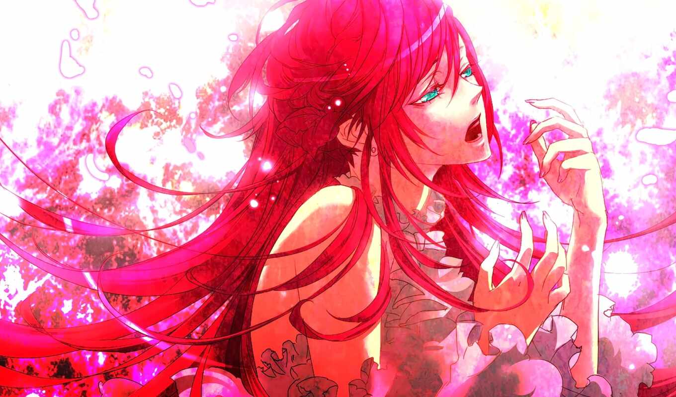 anime, girls, devushki, hair, red