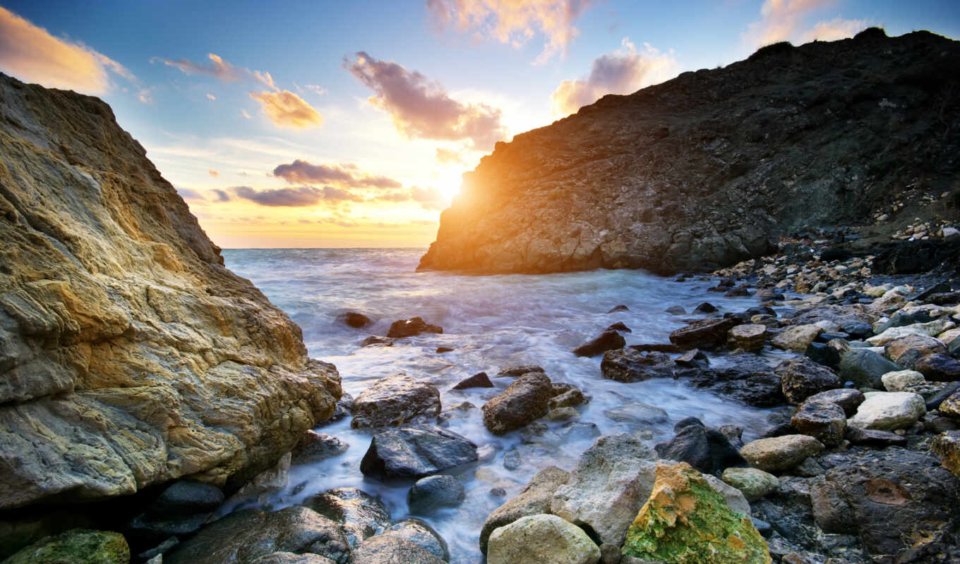 nature, sky, sunrise, sea, ocean, rocks