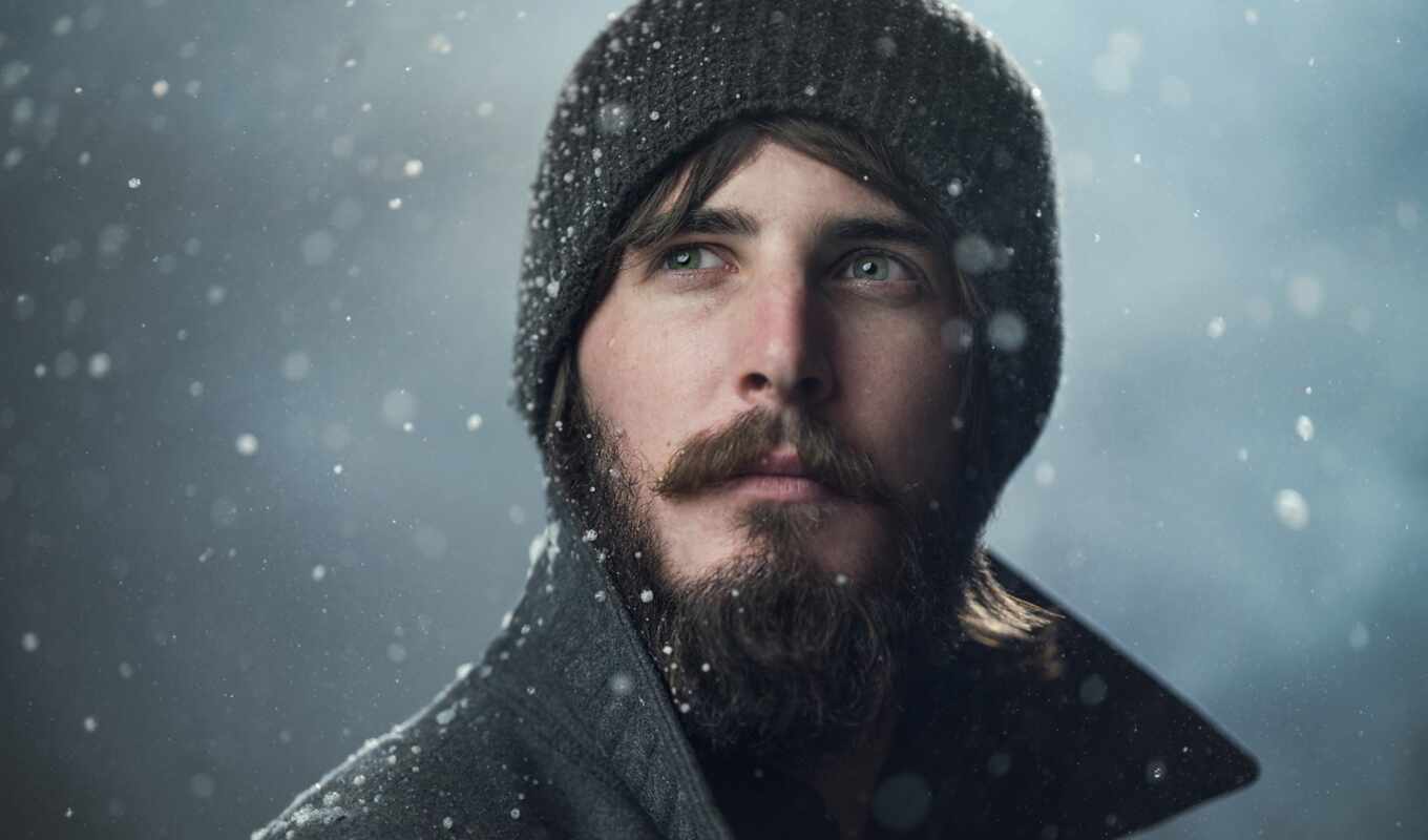 снег, парень, portrait, шапка