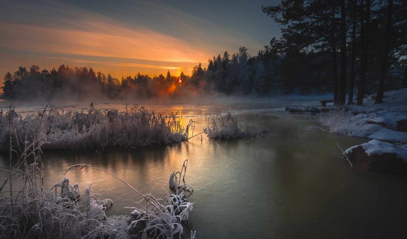 озеро, природа, ночь, winter, старший