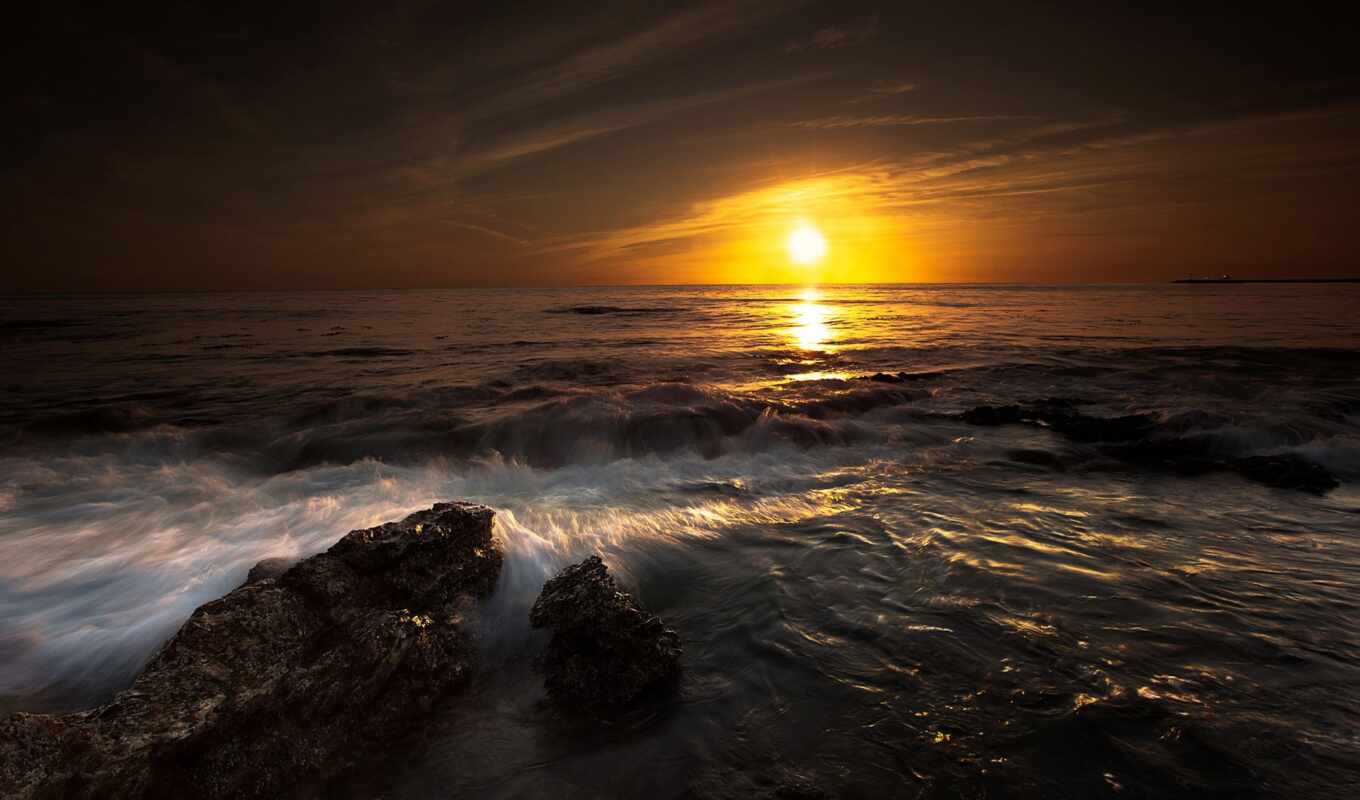 sunset, sea, wave