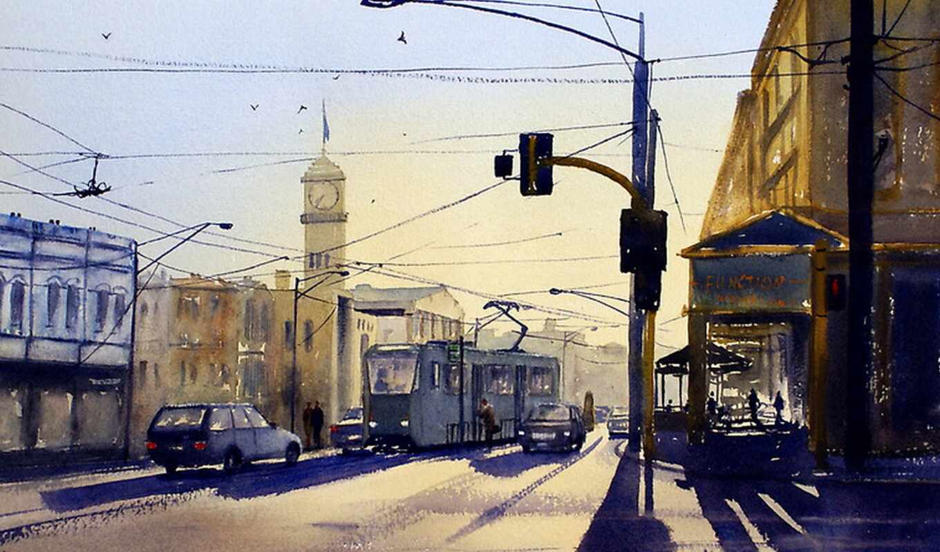 street, painting, scene, watercolor