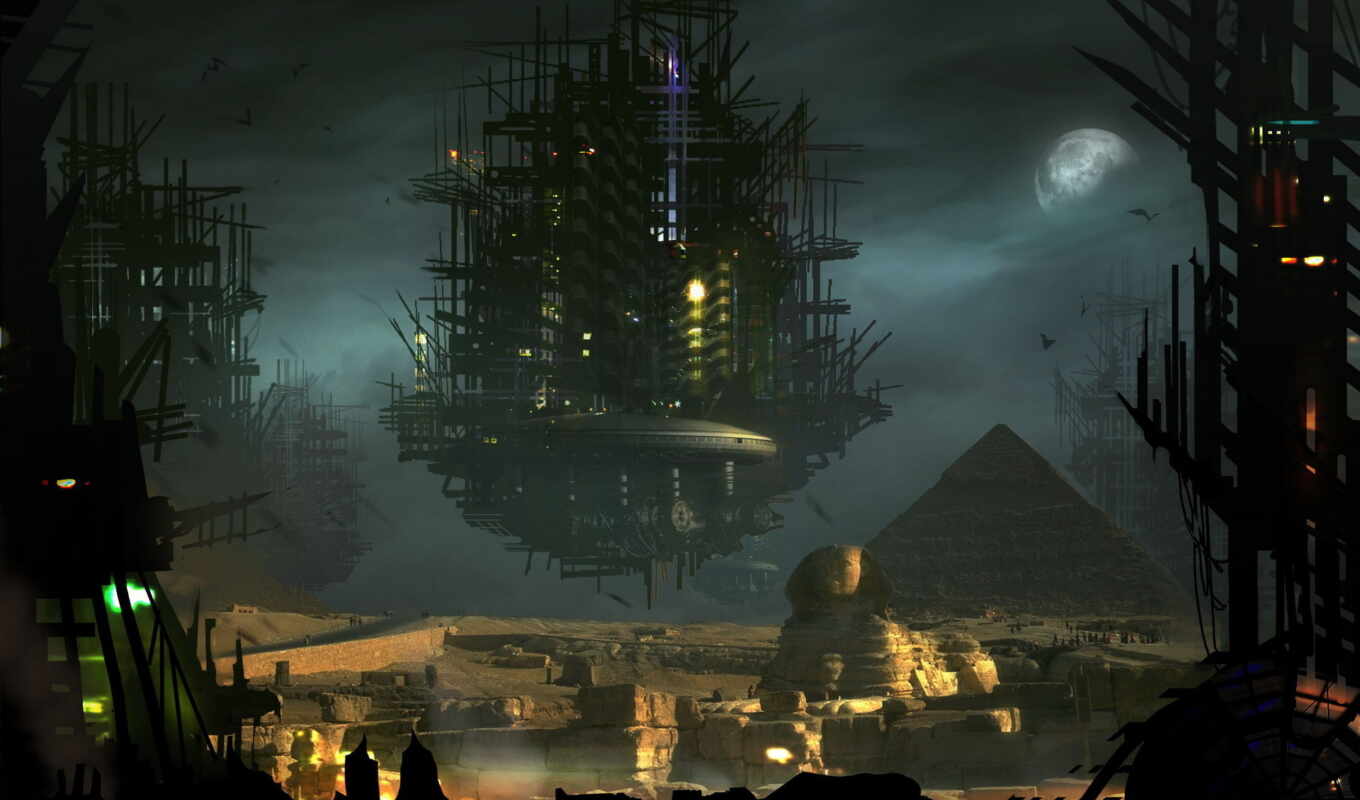 город, луна, fantasy, sci, будущее, пирамида, египет, сфинкс