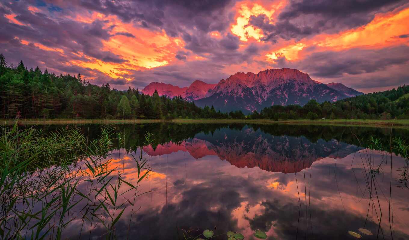 lake, sunset, mountain, cloud, coast, reflection