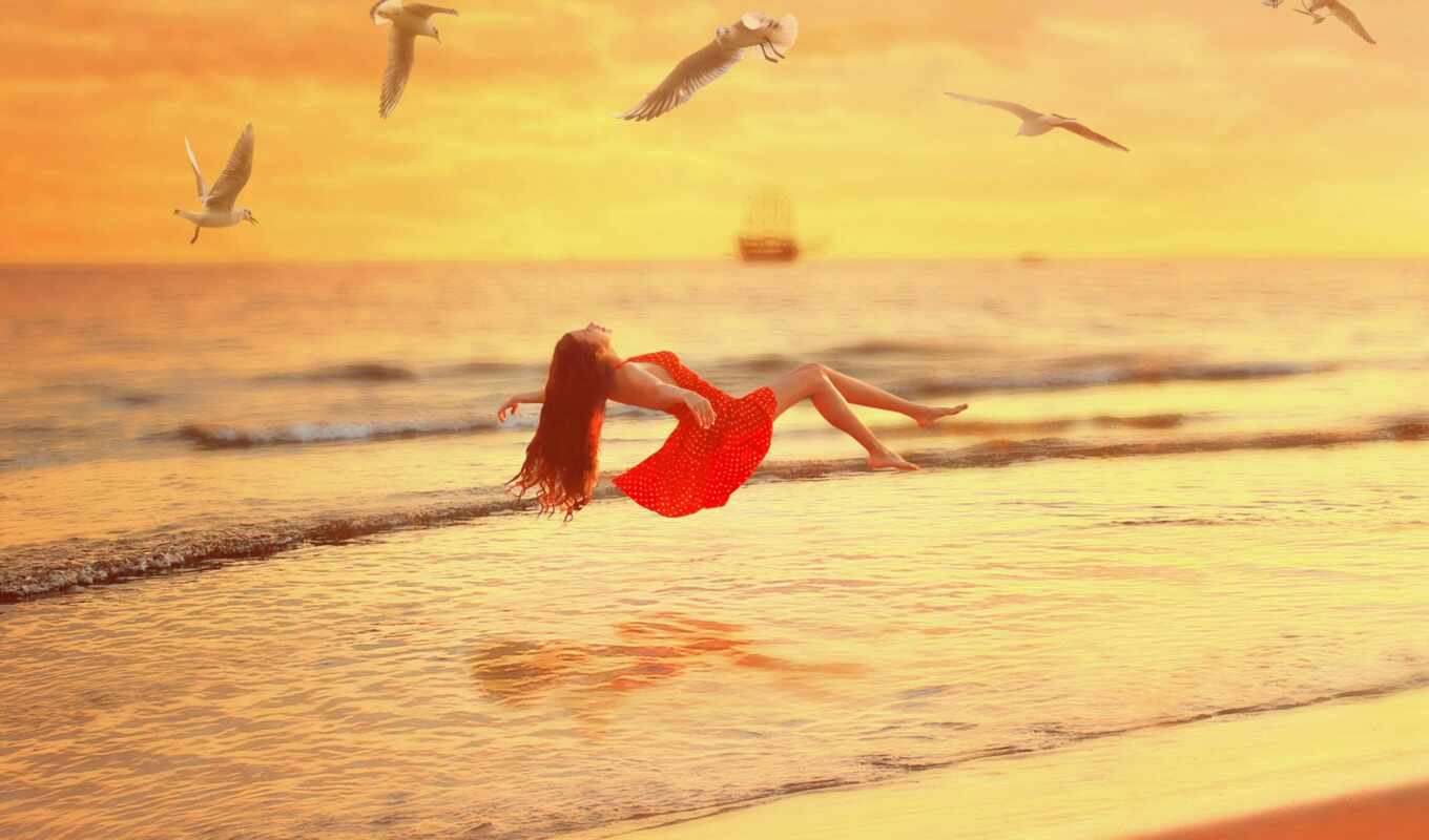 good, girl, red, sunset, beach, sea, dress, surrealism, narrow