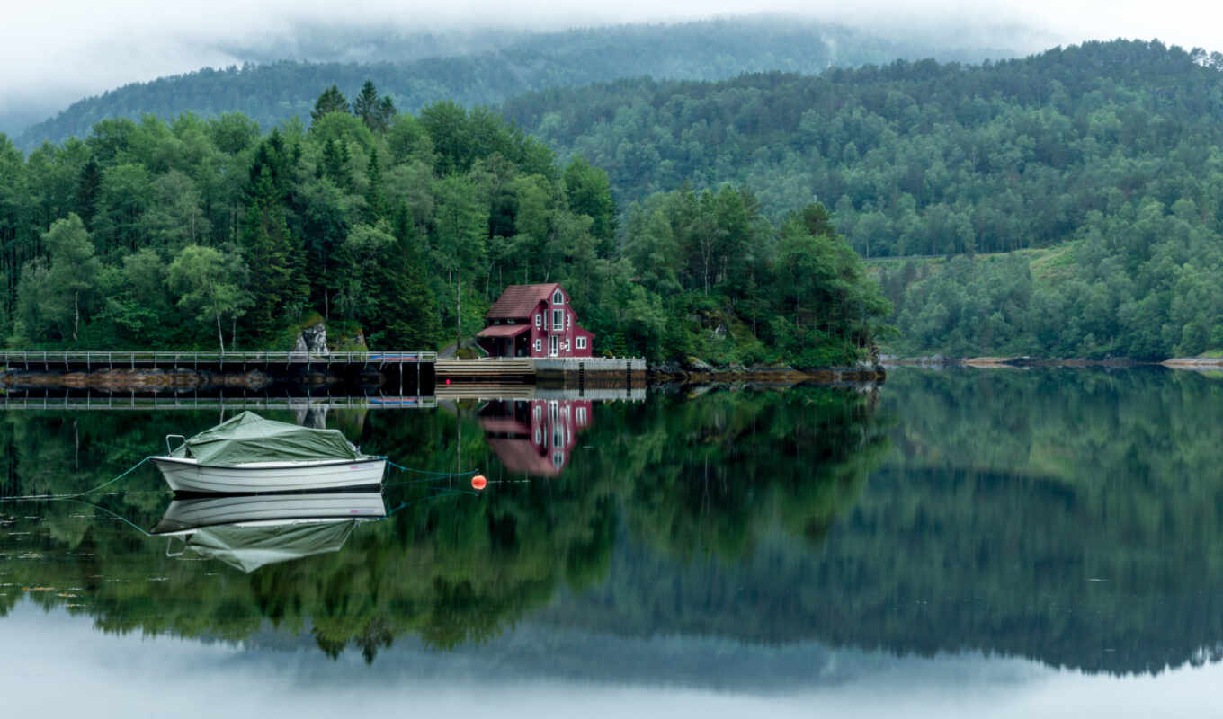 lake, house, tree, mountain, landscape, reflection, a boat, travel, greenery, fore