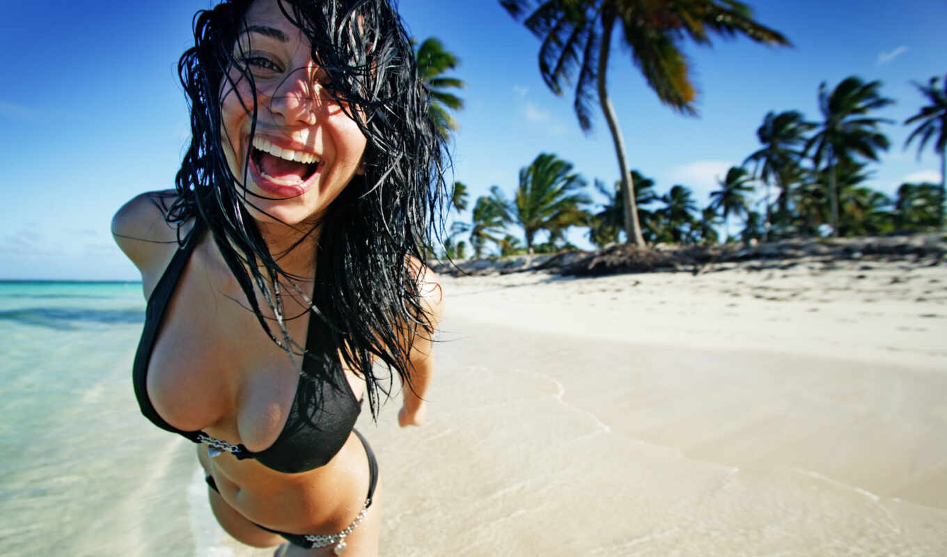 пляж, брюнетка, пляже, песок, улыбка, пальмы, радость, загара