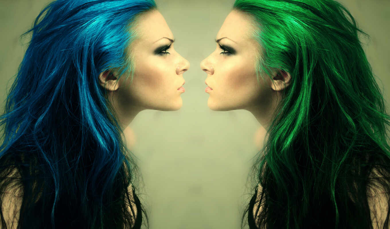 girl, face, profile, hair, green, blue, face