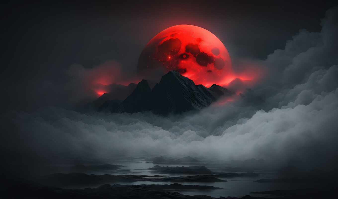 art, red, moon, mountain