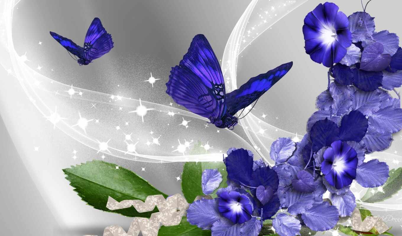flowers, blue, purple, butterfly, fly
