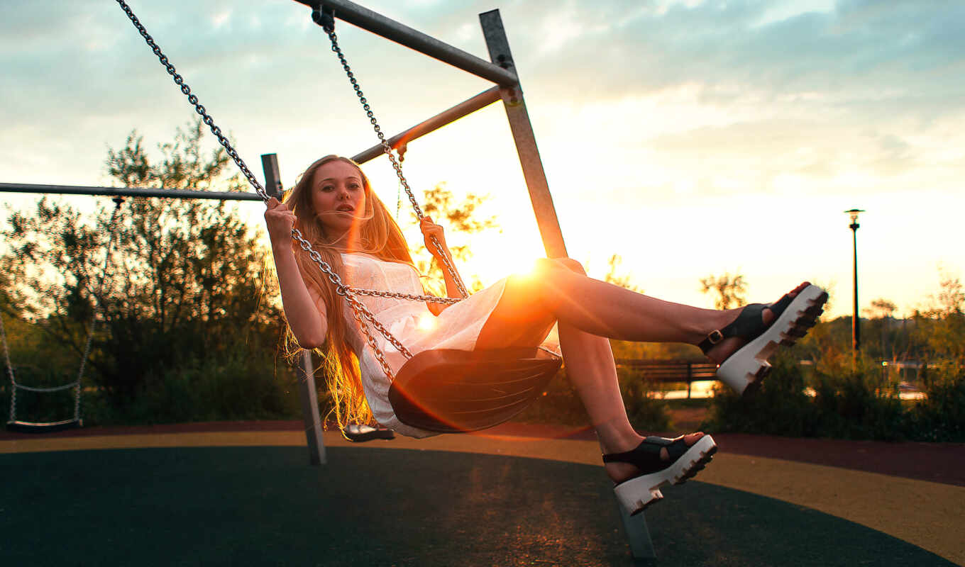 girl, background, sun, sunset, blonde, mood, seat, swing