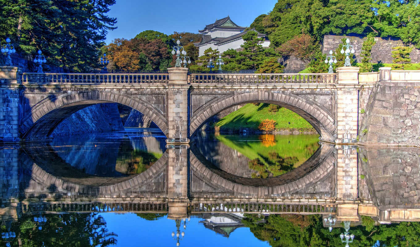 water, Bridge, tokyo, reflection, palace, Japan, imperial
