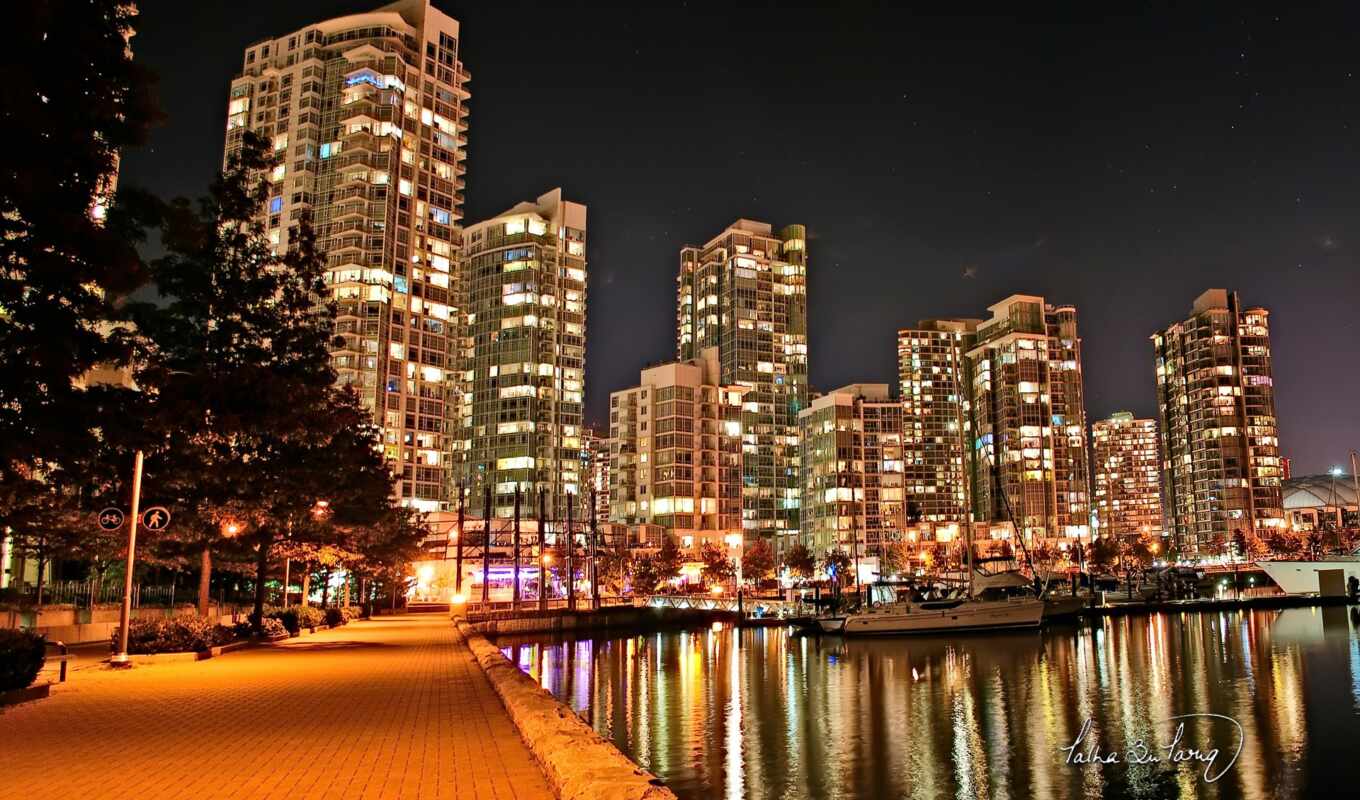 city, night, Vancouver, funart