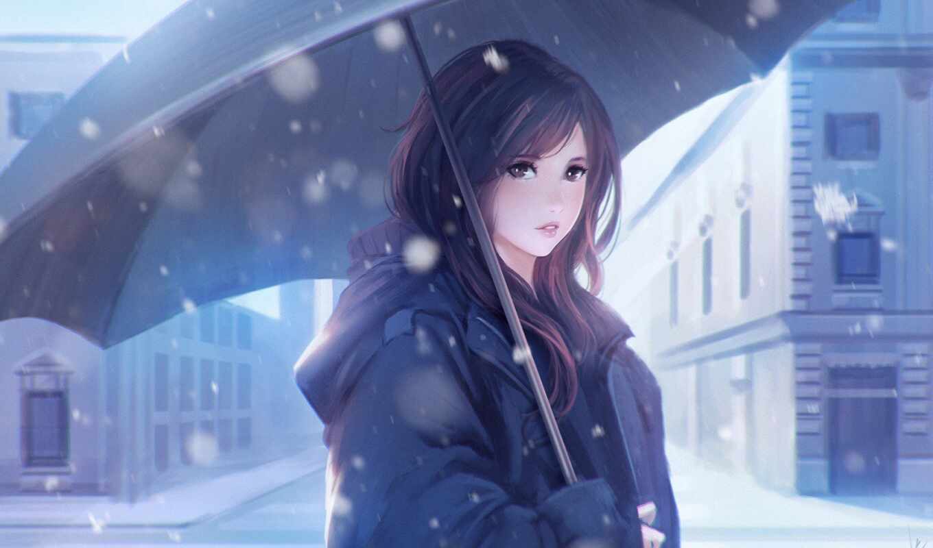 art, девушка, love, anime, winter, характер, зонтик