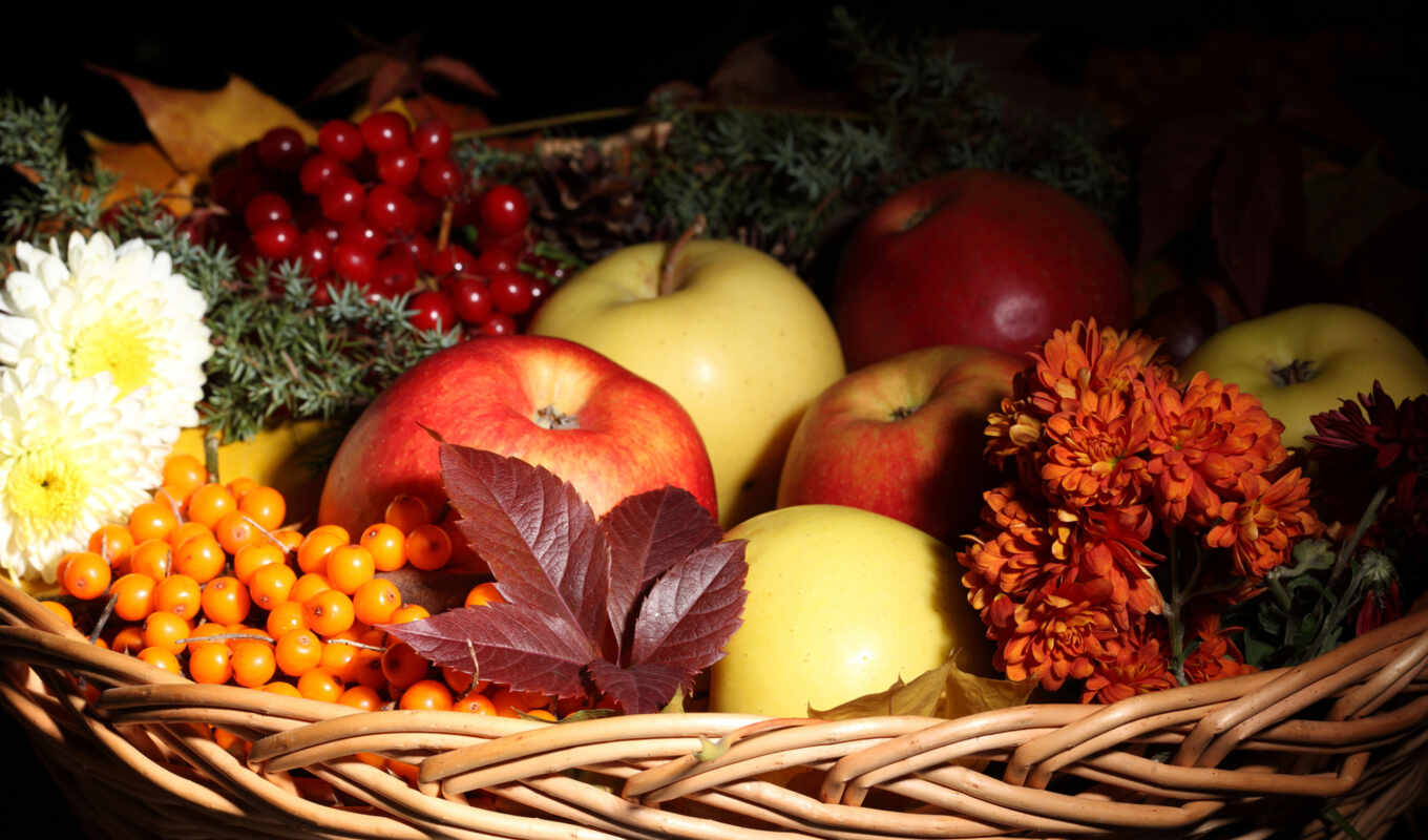 осень, листва, корзина, виноград, cvety, яблоки, фруктов, фрукты, ягоды, натюрморт, облепиха