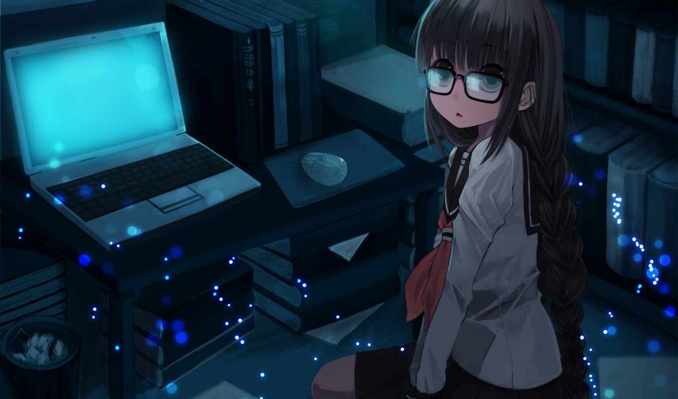 девушка, комната, ноутбук, anime, униформа
