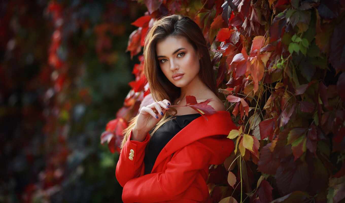 nature, photo, sheet, background, red, model, ksenia, autumn, beautiful, fur coat, stand
