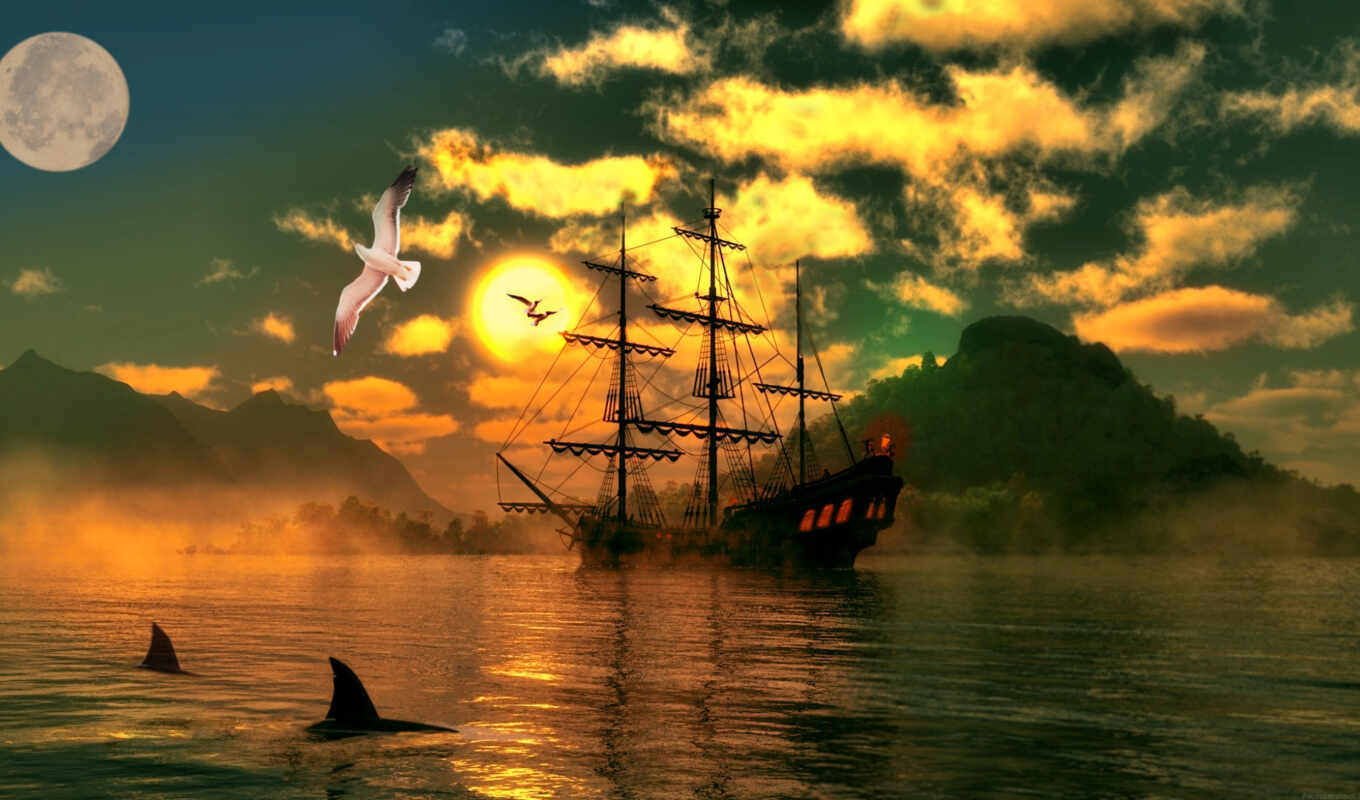 корабль, photoshop, отражение, sail