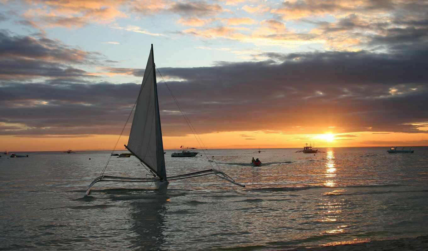 sunset, sea, a boat, krot