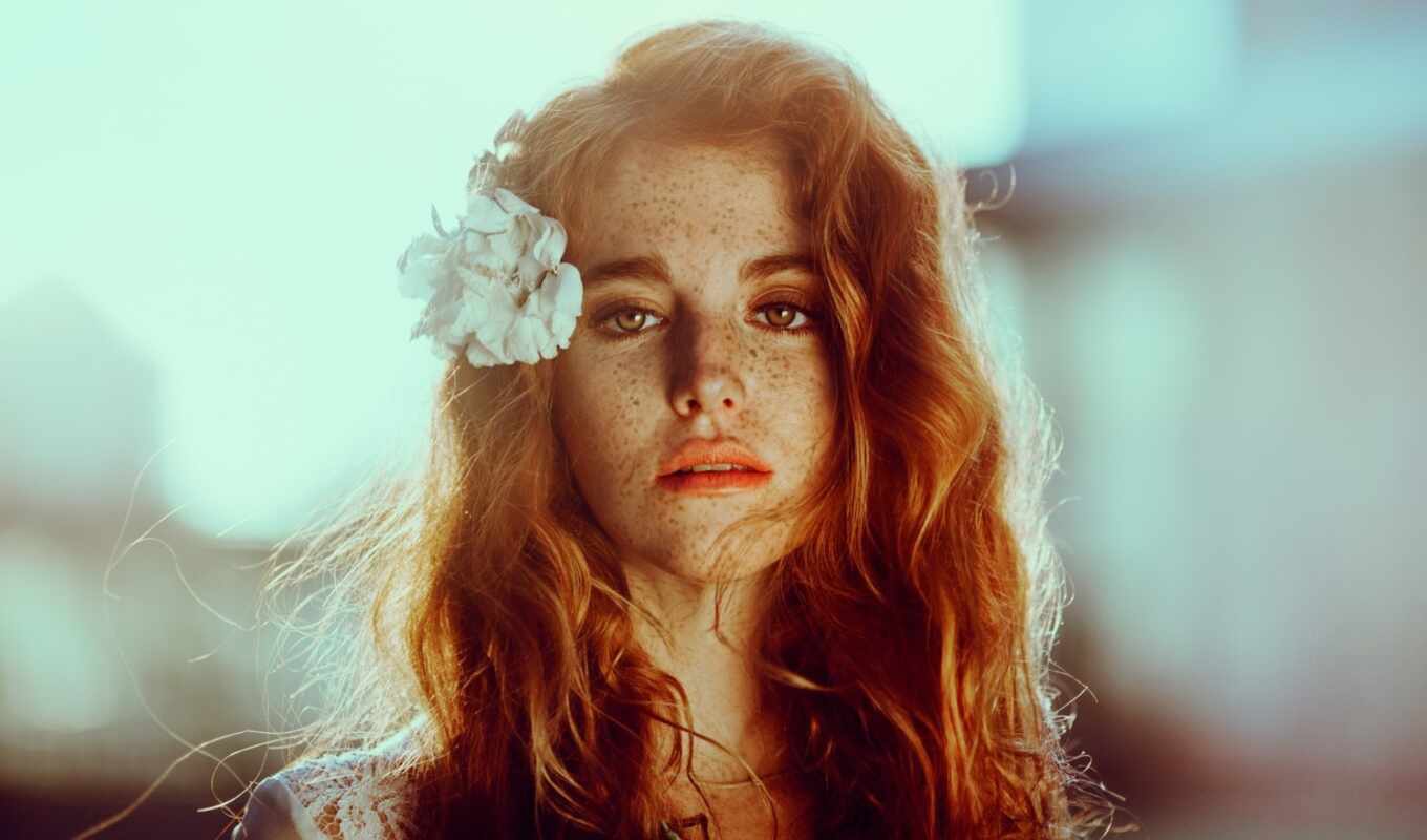 flowers, woman, hair, eyes, model, portrait, freckle