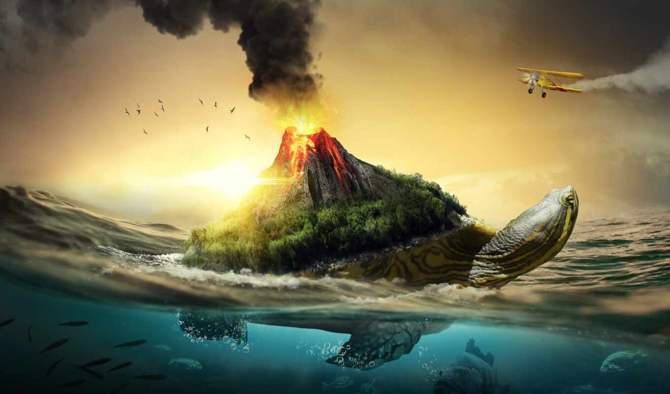 free, background, sea, dragon, turtle, beautiful, volcano, surrealism, surreal, teleport