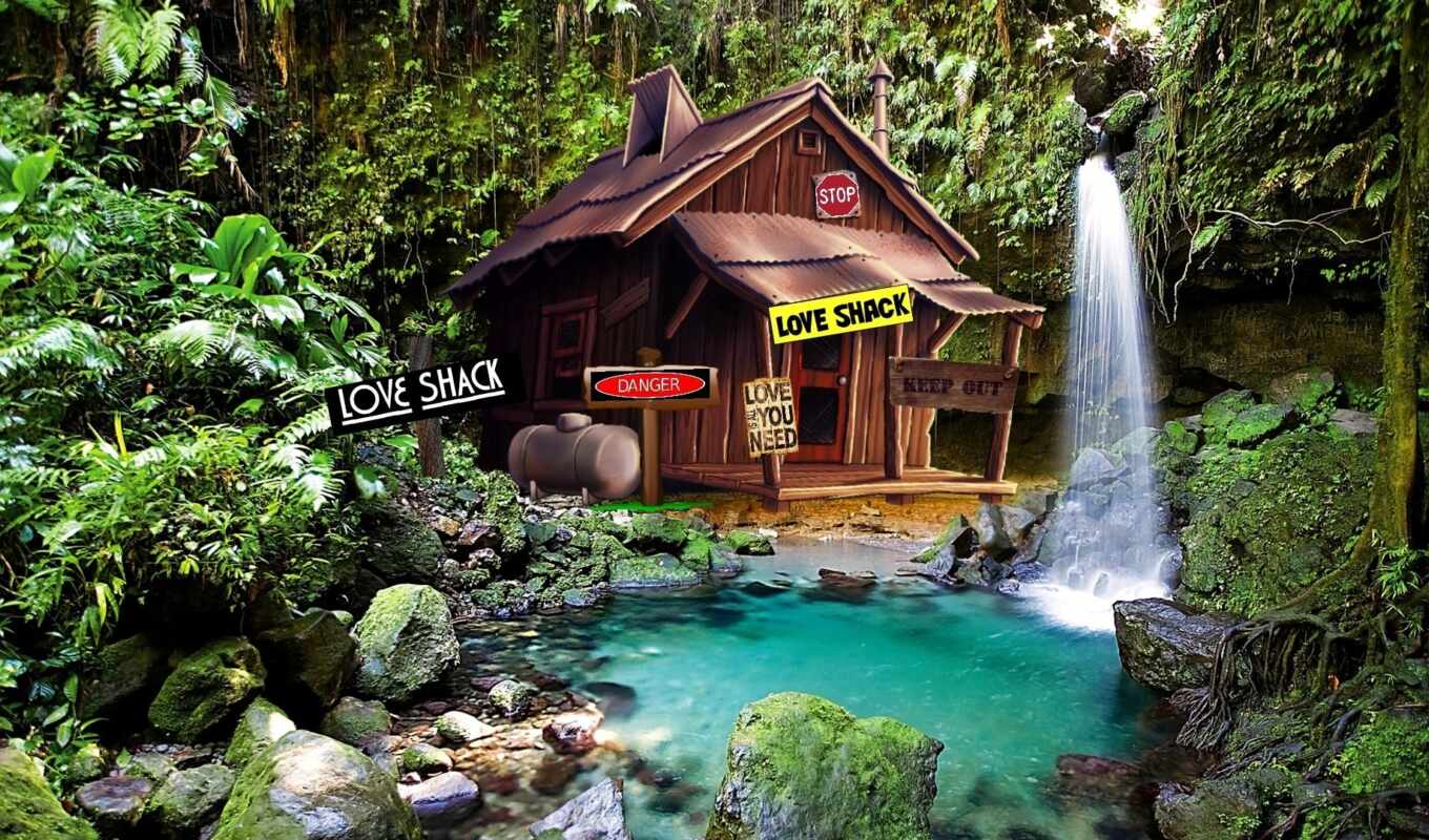 waterfall, shack