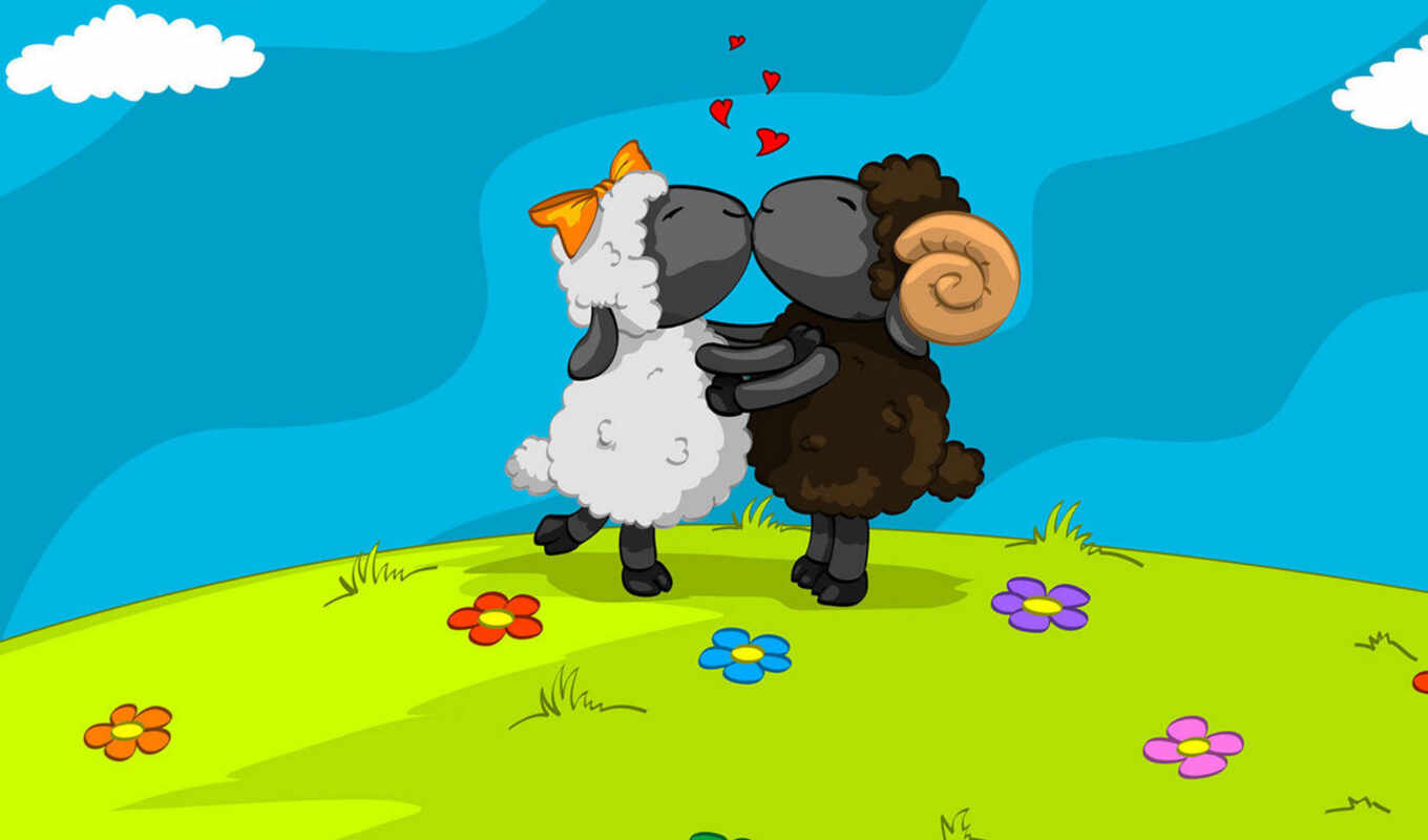 black, paint, two, field, white, embroidery, kissing, sheep, sheep, lovers, sheep