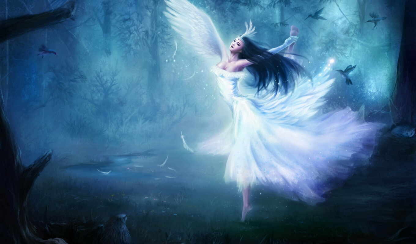 девушка, изображение, лес, птицы, картинок, фэнтези, танец, ангел, крылья, ангелы, лебедь, picsfab, фабрика, феи, angels, словно, фантазии