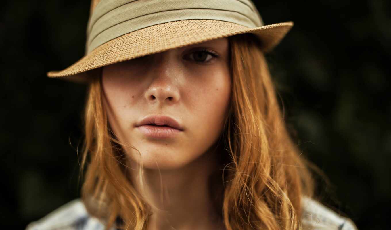 hat, woman, sun, hair, long, Tan, portrait, brown, redhead, lip, freckle