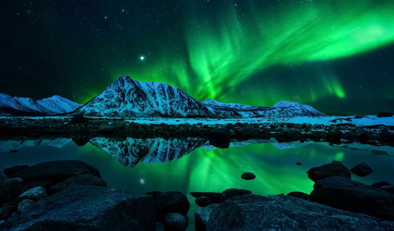 природа, ночь, норвегия, aurora, norwegian, северное, звезды, горы, сияние