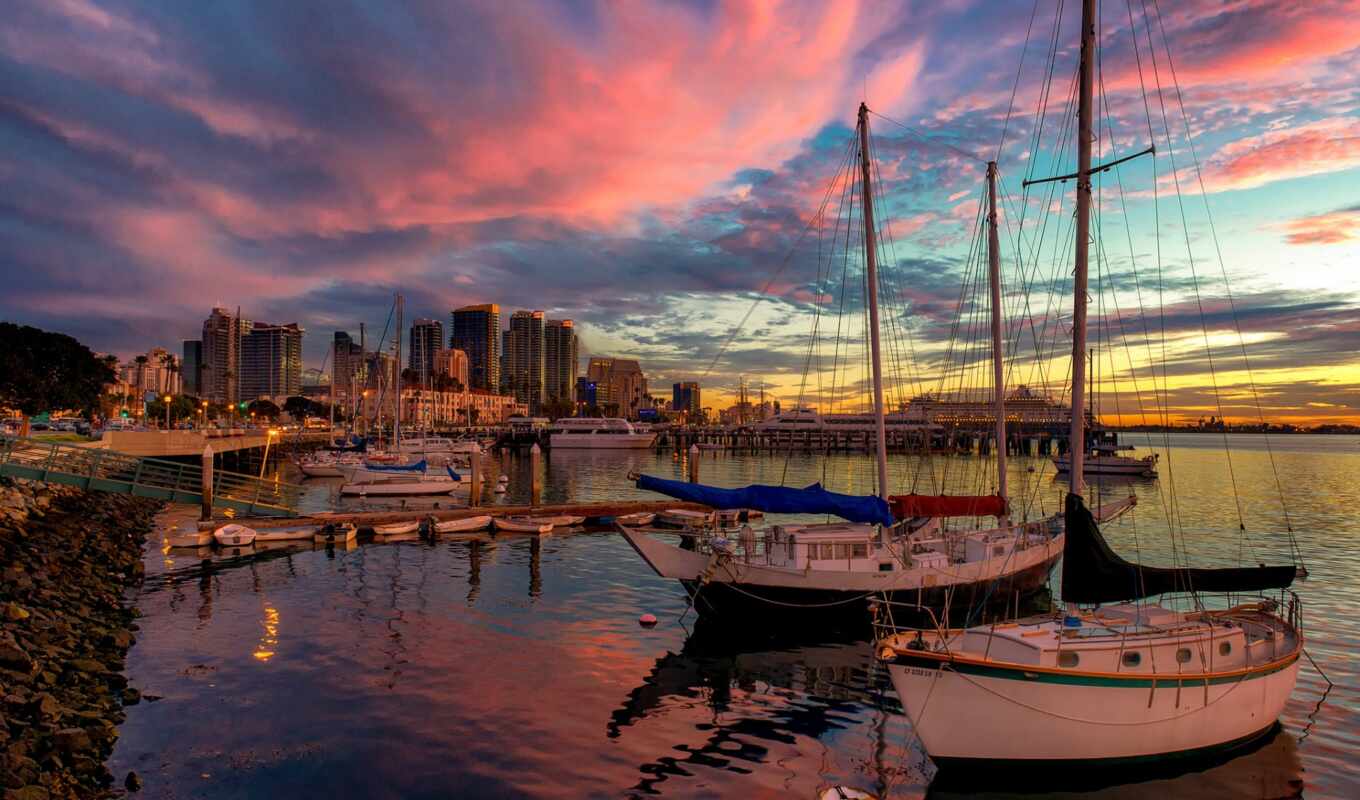 sunset, city, sandbox, Diego, San, USA, a boat, to you, angele