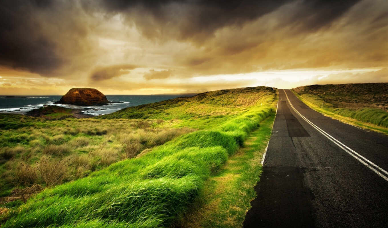 природа, закат, дорога, landscape, море, world, осень, highway, дорогой, coastal