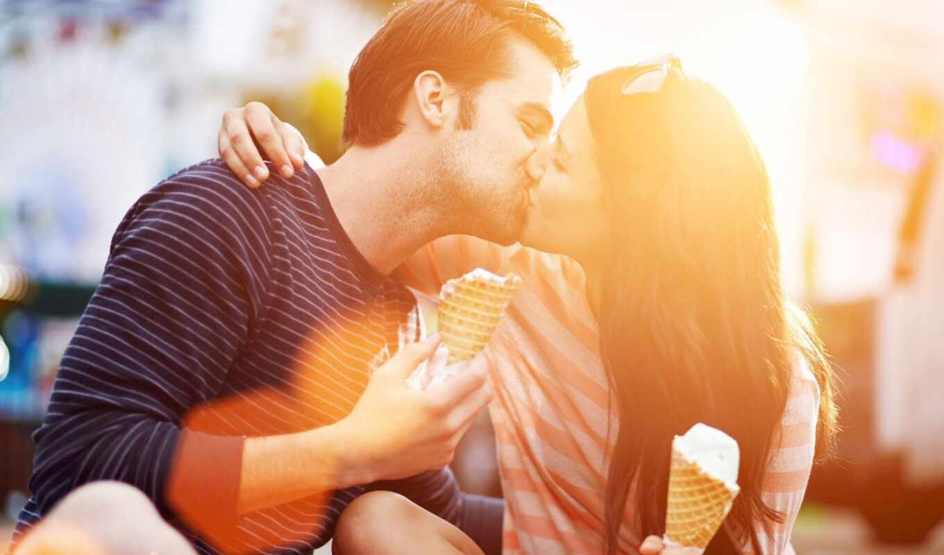 him and her, glasses, t-shirt, a kiss, ice cream, solar, bridging, lights
