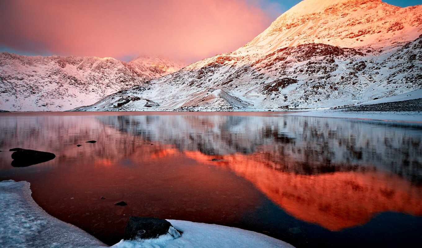 озеро, природа, небо, закат, water, winter, гора, отражение