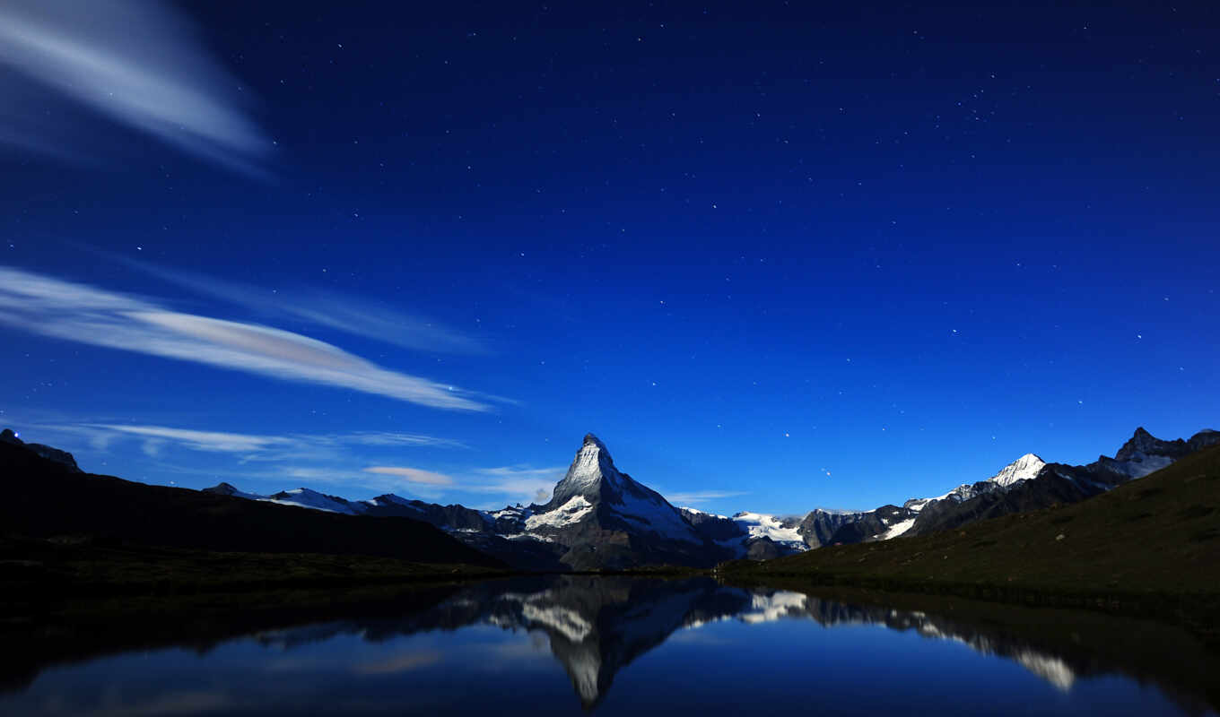 lake, night, mountain, reflection, midnight, matterhorn
