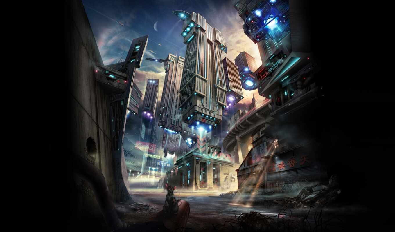 fantastic, light, city, building, space, ships, the future, future, ray, rat