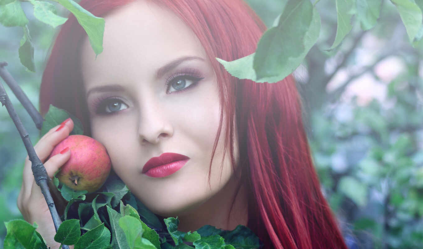 apple, девушка, картинка, красные, волосы