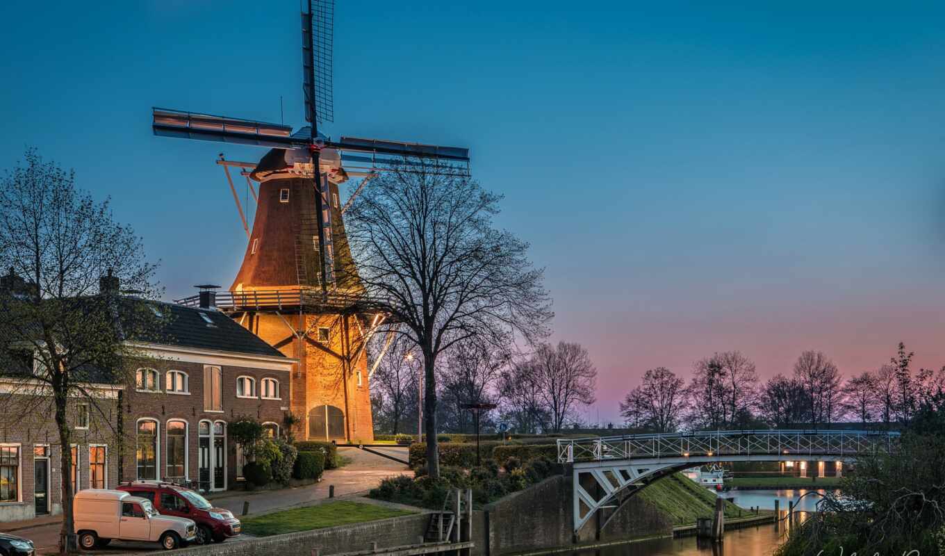 sky, tree, evening, Bridge, Netherlands, van, mill, windmill, order, Haarlem, dokkum