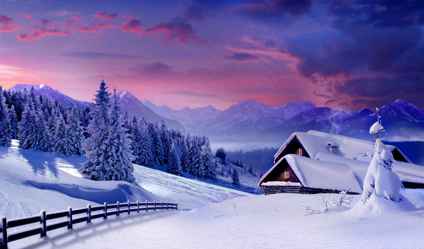 природа, снег, красивые, winter, лес, елки, горы, изьба