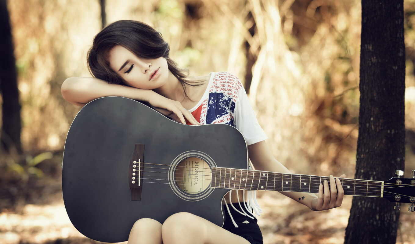 fone, music, girl, guitar, sits, different, guitar