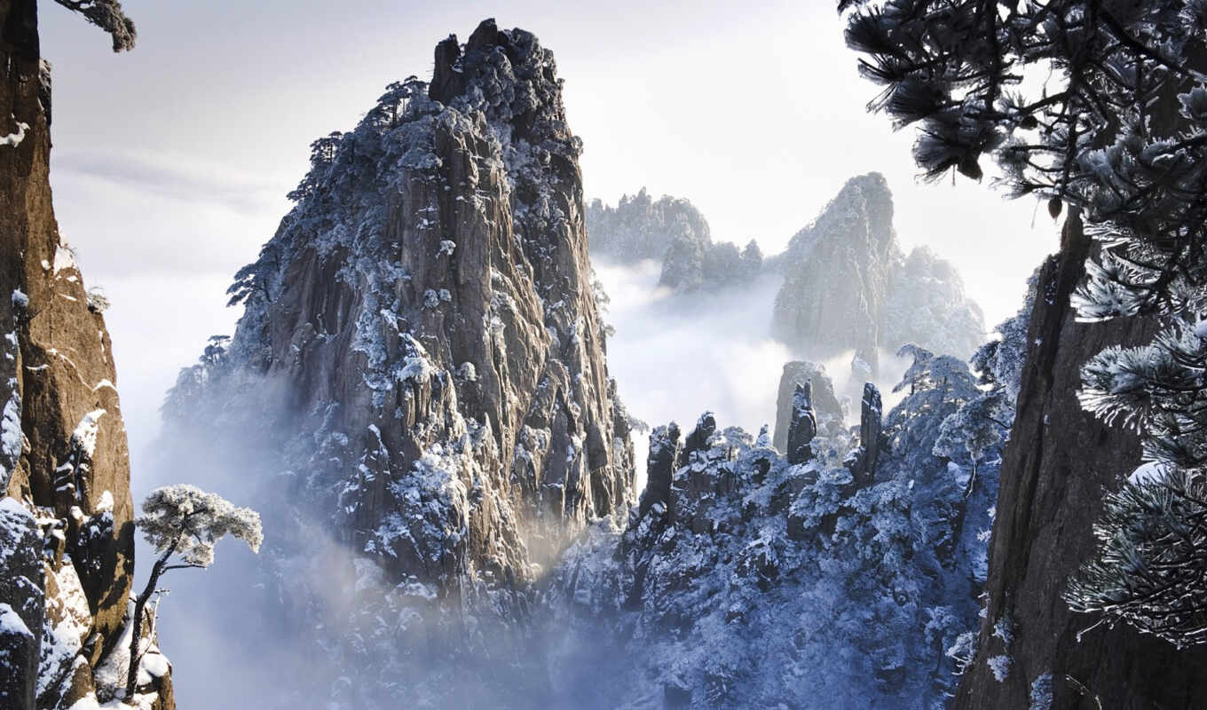 природа, снег, гор, сниматься, кинотеатр, китаянка, крутые, скалы, склоны