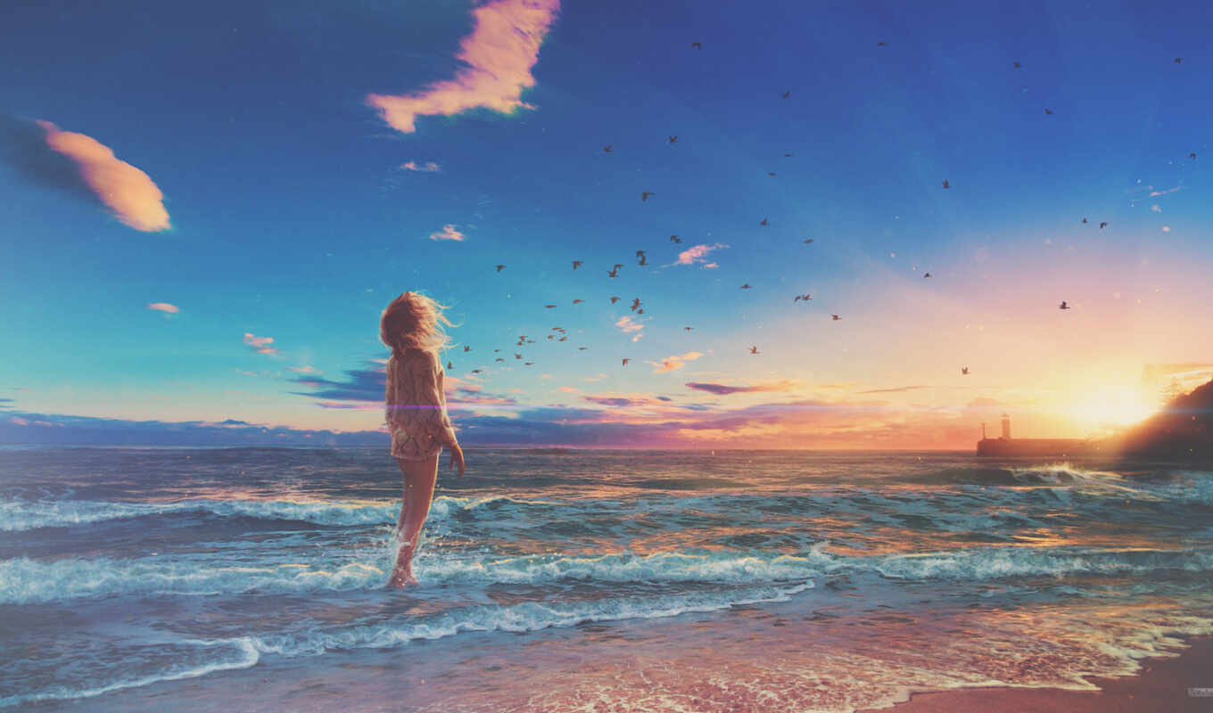 art, girl, anime, beach, sea, when, time, devushki
