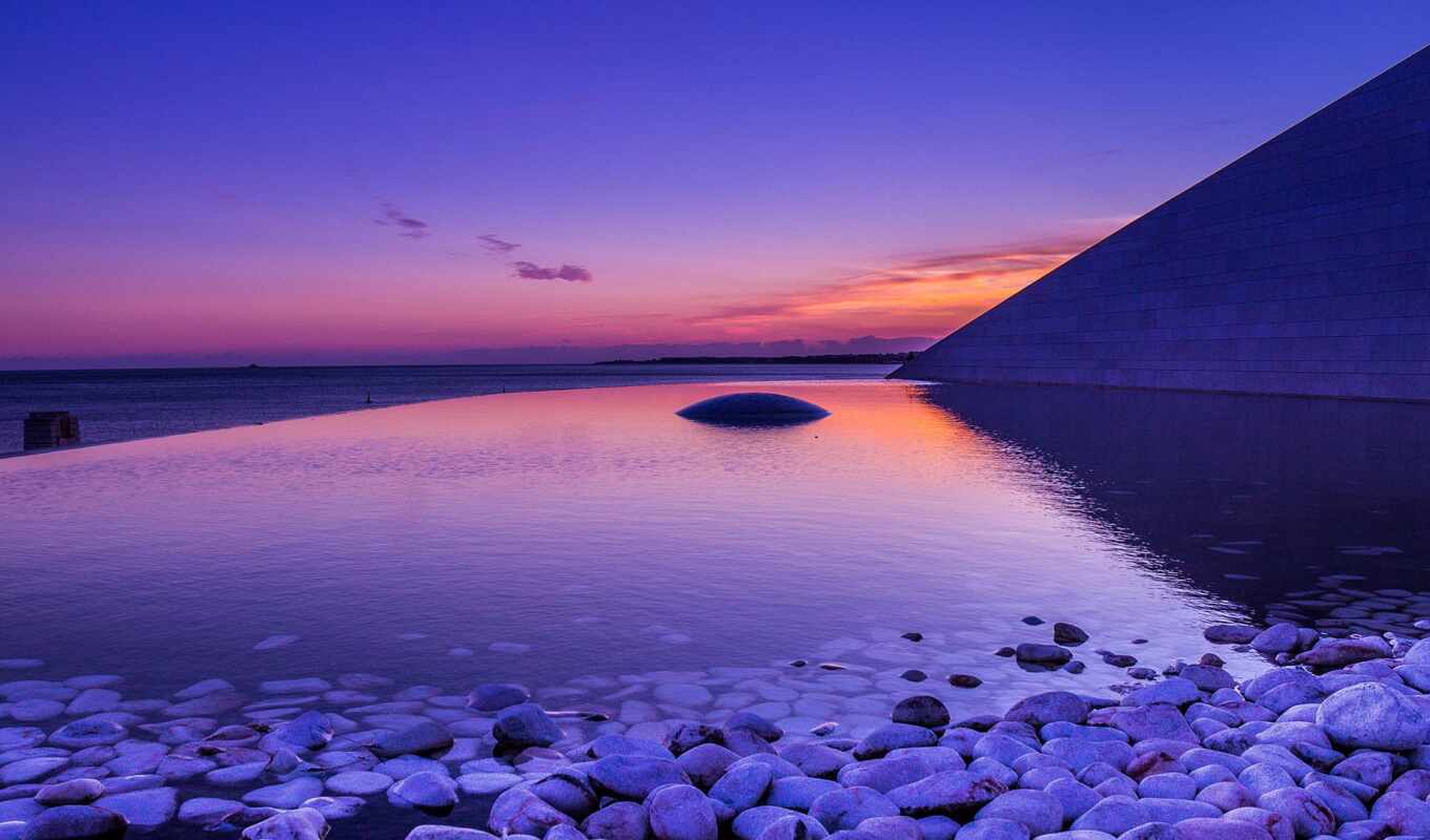 камень, purple, water, рассвет, пляж, восход, отражение