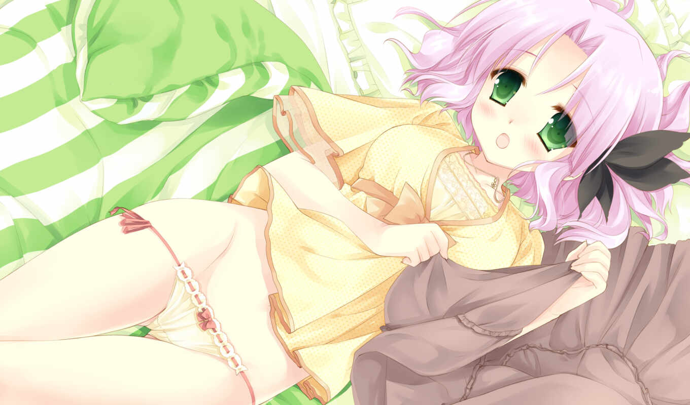 picture, green, anime, naked, bed, hair, eyes, panties, girl, has, pink, horizontal, verticals, floor